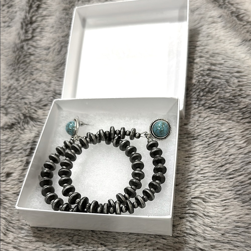 Turquoise and Silver Navajo Style Hoop Earrings
